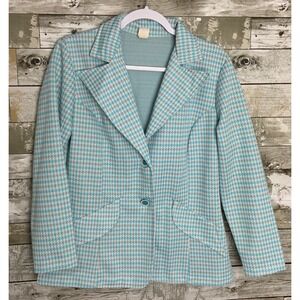 Vintage‎ Womens Blue Houndstooth ILGWU Polyester Dress Jacket Size 14